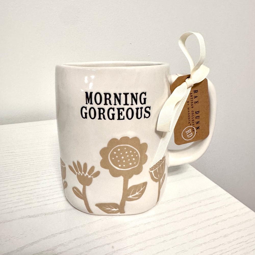 Rae Dunn Cream Mug with Beige Floral Design 'Morning Gorgeous'